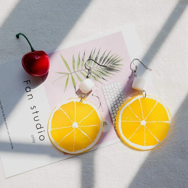 Summer Resin Fresh Lemon Orange Slice Drop Earrings Women Acrylic Fruit Jewelry