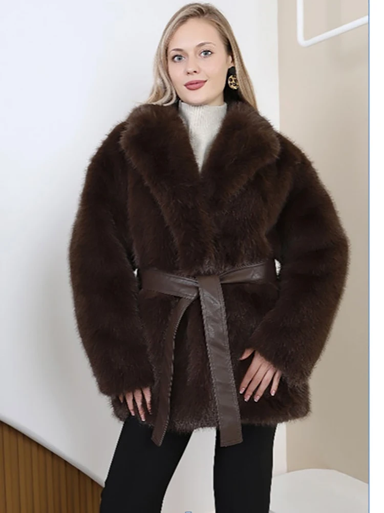ZADORIN Trendy Winter Oversized Fluffy Brown Faux Mink Fur Coat Women Midi Lapel Belted Fur Jackets Thick Warm Plush Outerwear