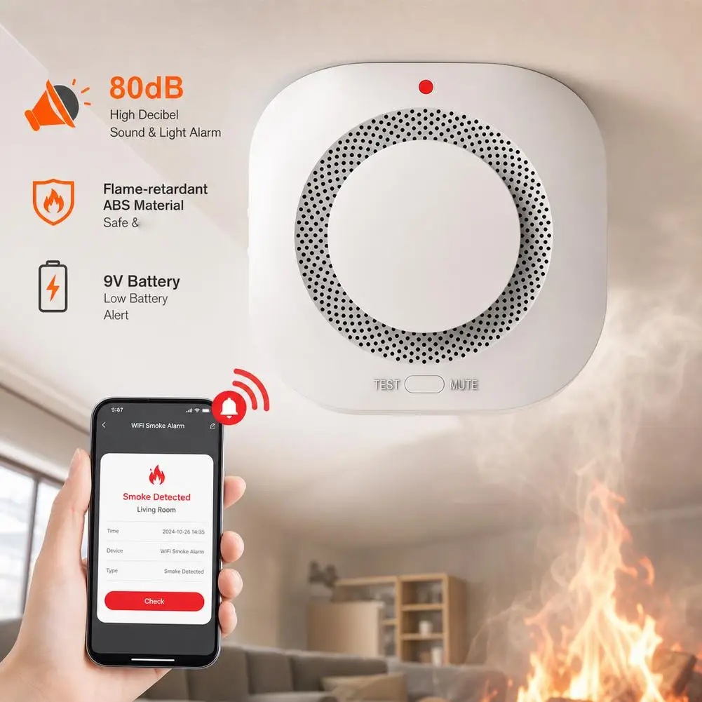 WiFi Smart Smoke Detector Alarm, Works with Tuya Smart Life App Compatible Fire Sensor for Home Security, App Alerts