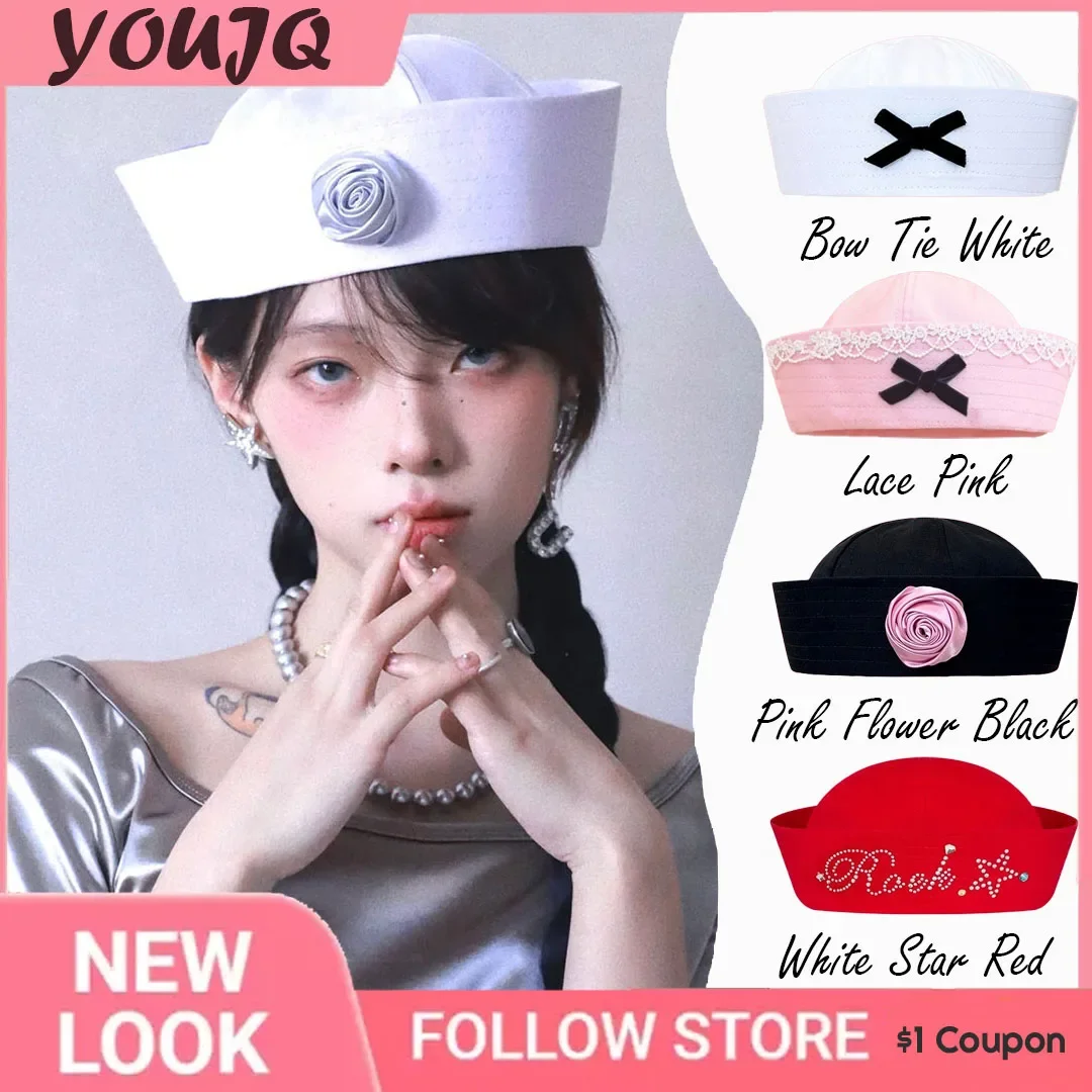 

Y2K Striped Bow Flower Rhinestone Sailor JK Beret Navy Hat Women Summer Niche Flipped Nurse Cosplay Beret Cap Boina Mujer