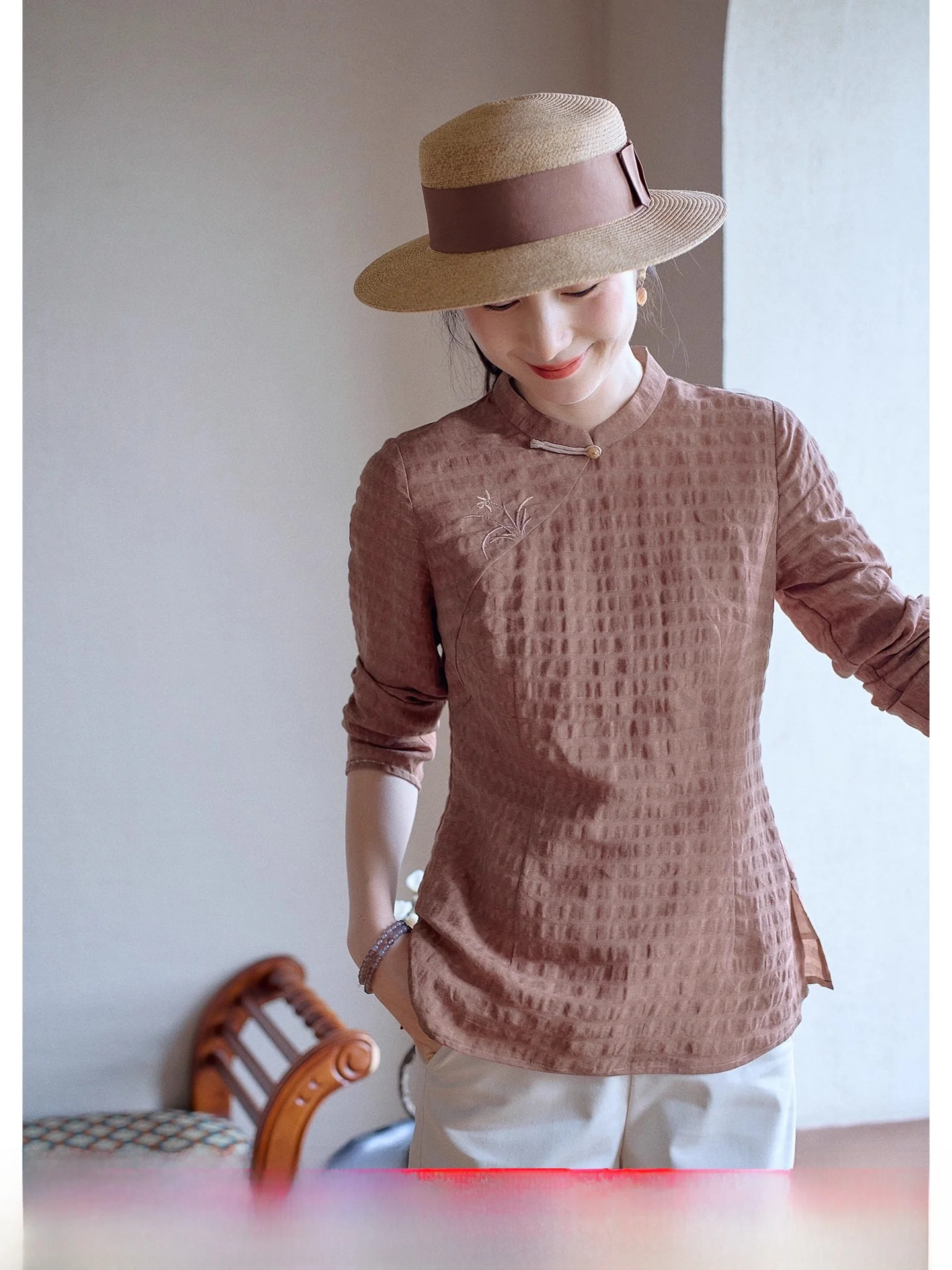 

Red Brown Long Sve Women's Linen irt Embroidered Autumn New Sle Faionable Top Comfortable Breathable Regular Fit
