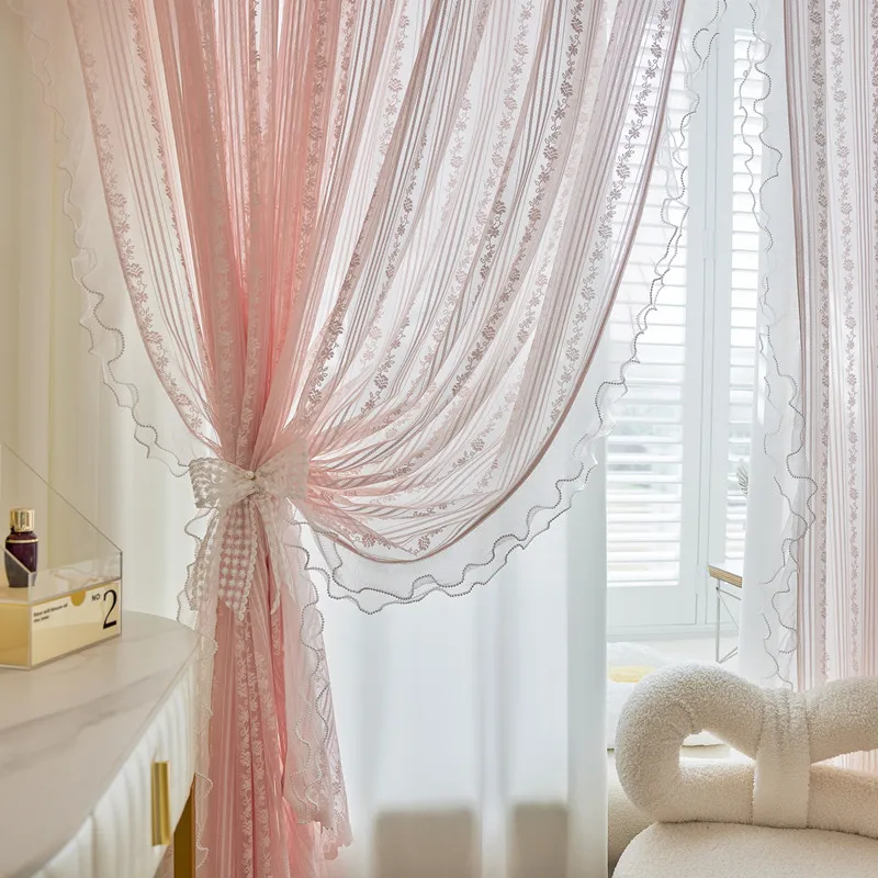 

1PC French Pink Princess Style Gauze Curtain, Pearl Lace Curtain For Luxurious Living Room, Bedroom, Balcony Window Curtains