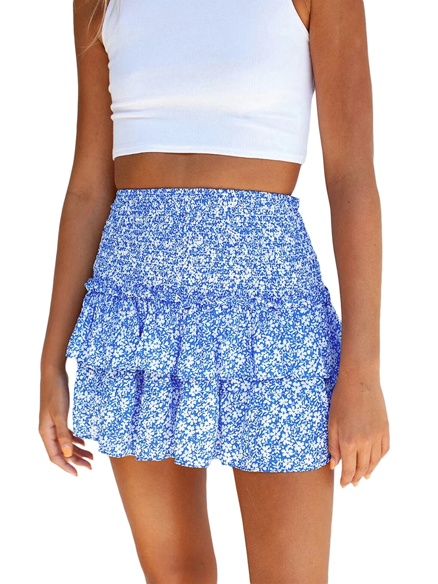 Dames Zomer Bobo Hoge Taille Ruche Gelaagde Gelaagde Mini Rok Met Bloemenprint A-Line Bohemian Gelaagde Strand Schattige Rok