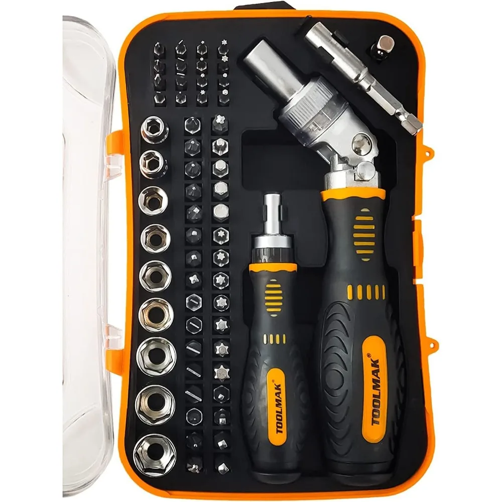 

61pcs Ratcheting Screwdriver Set,Socket Set,Precision Screwdriver Bit Set with Rotatable Ratchet Handles ＆ Storage Case,Househol