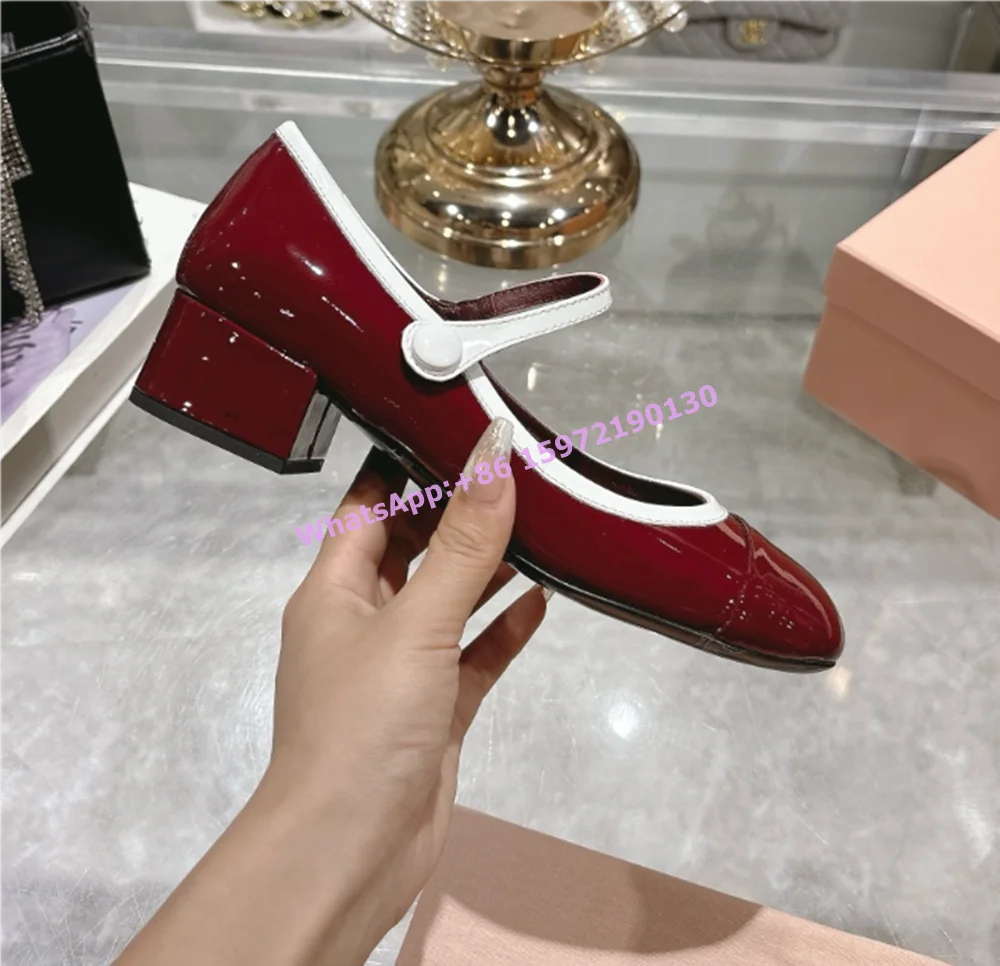 Burgundy White Shallow Pumps Round Toe Button Chunky Heels Patent Leather Shoes Patchwork Elegant Luxury Party Dress Shoes 2025