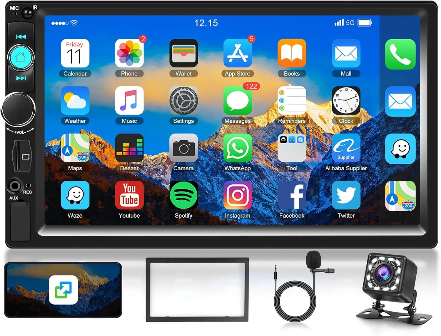 Estéreo para carro duplo Din de 7 polegadas com Bluetooth, tela sensível ao toque, MirrorLink, FM, USB/TF/AUX, câmera reversa e microfone