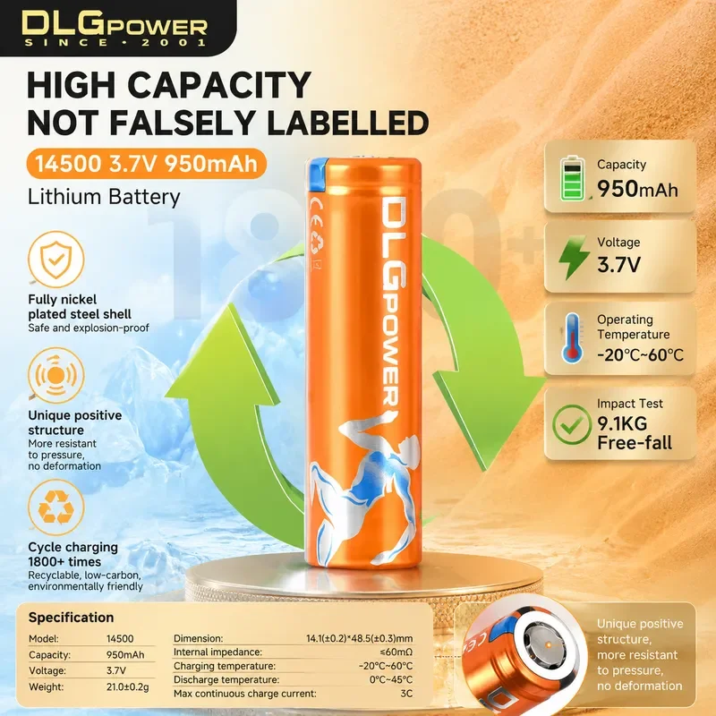 14500 950mAh 3.7V Li ion Rechargeable Battery DLG For Remotely Piloted Aircraft Flashlight Electric Toy Small Fan Smoke