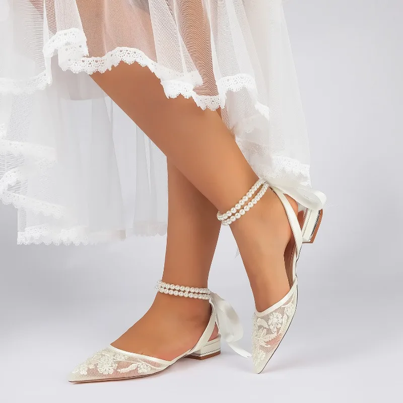 Women's Sandals Temperament Lace Embroidery Mesh Shoes Luxury Pearl Ankle Strap Wedding Bridal Shoe Beautiful Women Flat Sandals - view 2
