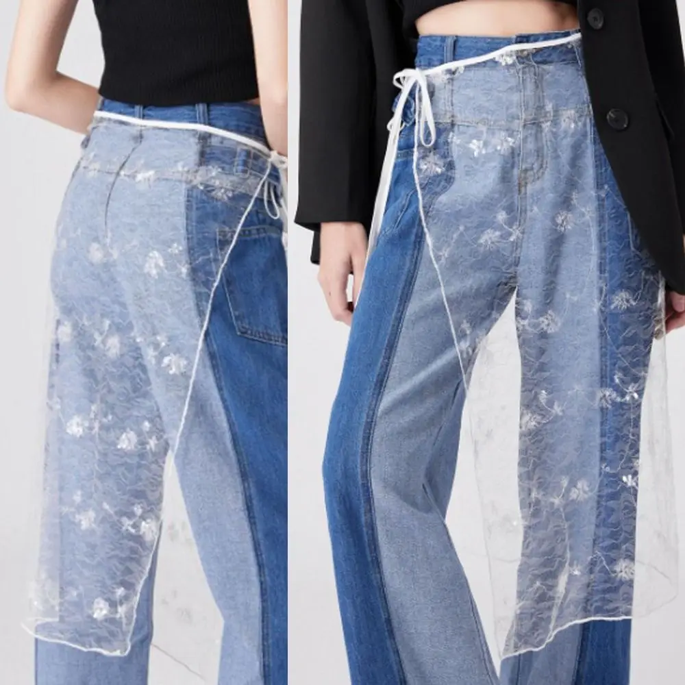 

High Waist Lace Midi Skirt Irregular Side Slit See Through Lace Drawstring Skirt Embroidered Flower Harajuku