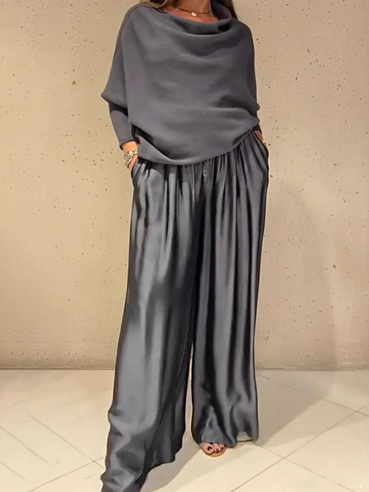 Women Streetwear Two-Piece Sets Loose Slash Neck Pullover Top with Wide Leg Pants Simple Patchwork Casual Outfit Spring Autumn image 3