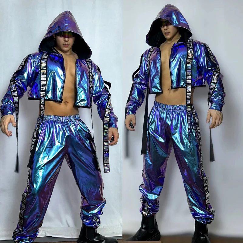 Colorful Laser Hoodies Coat Pants Men Hip Hop Clothing Bar Ds Dj Gogo Dancer Costumes Stage Performance Rave Outfits XS8089