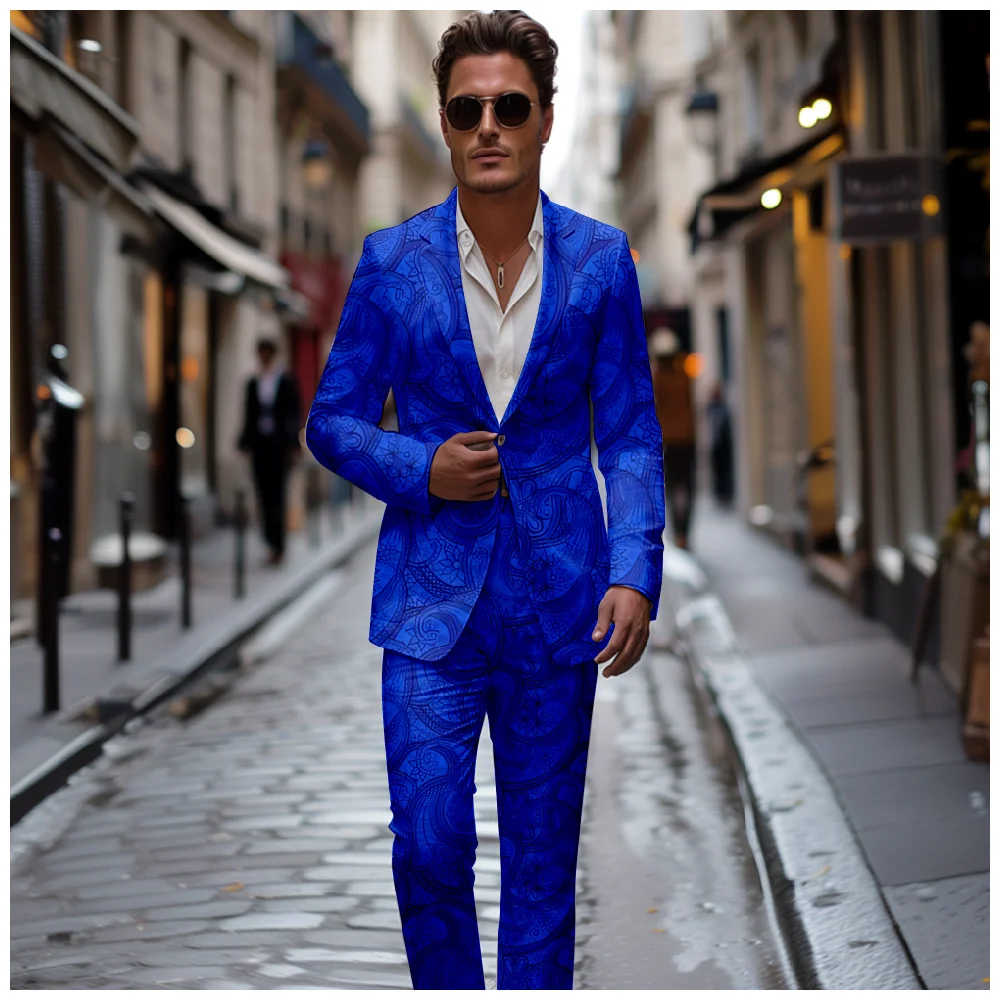 Four Seasons Trendy Stylish Blue Floral Suit Comfort Charm Men's Suit Jackets Fashion Blazer & Trousers Suit Set Outerwear Coat