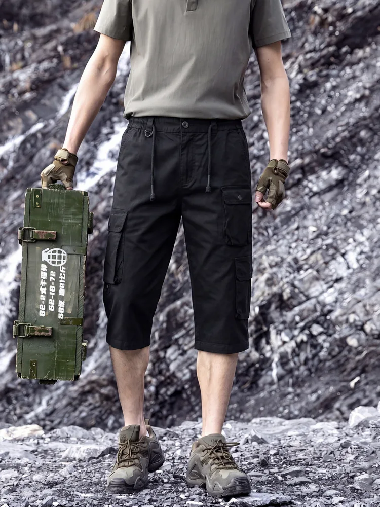 Men Washed Cotton Tactical Cargo Capri Shorts Multi Pockets Elastic Waist Outdoor Mountaineering Training9A310