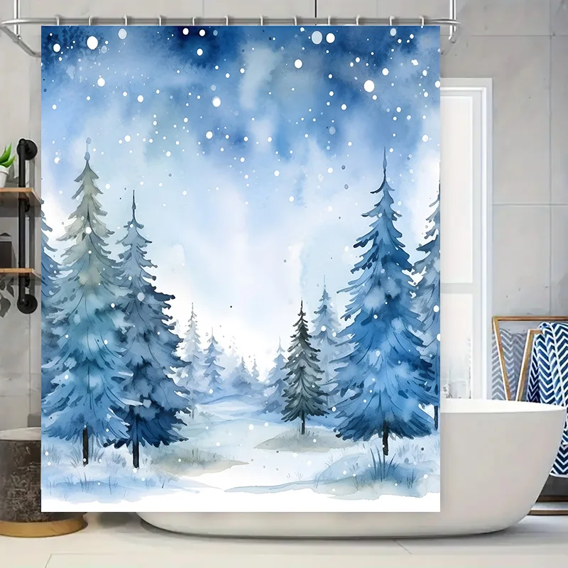 

Акварельные синие лесные деревья, занавеска для душа, водонепроницаемое украшение для ванной комнаты, зимняя тема страны чудес, набор ковриков для ванной с крючком Ri
