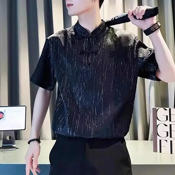 

Summer Large Size 250 Pounds New Chinese Embroidered Short Sleeve Tang Style Men's Shirt Open Cardigan National Style Top