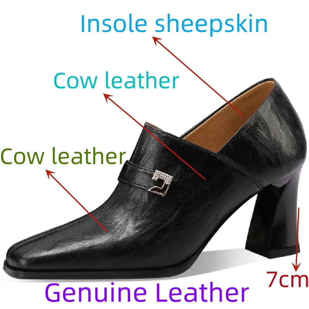 【JOCHEBED HU】Women Handmade Brand Genuine Leather Shoes Square Toe Chunky High Heels Pumps for Shoes 33-43