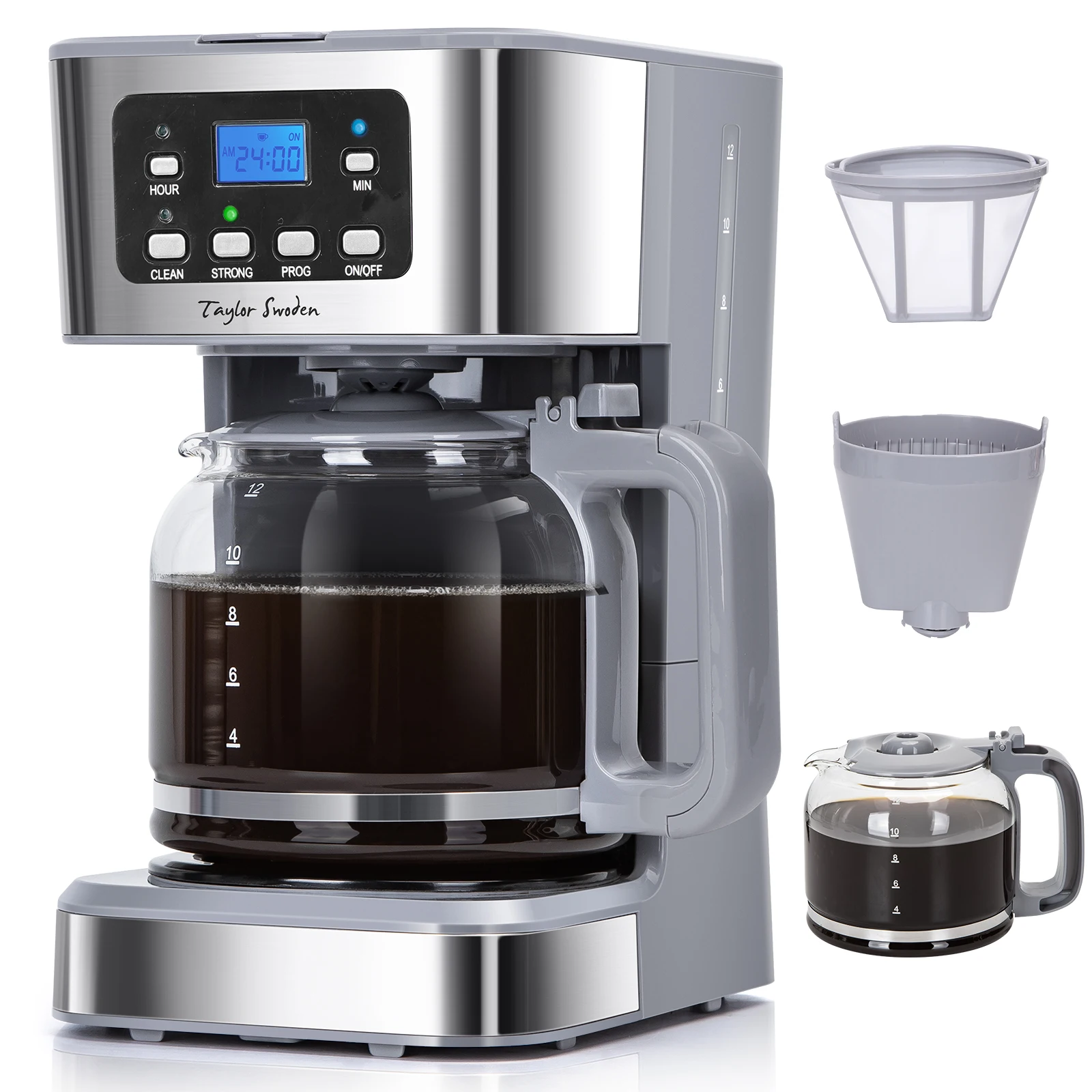 TAYLOR SWODEN 950W Kaffeemaschine mit Timer,1.5L Filterkaffeemaschine 12 Tassen, Abschaltautomatik, Tropf-Stopp, Wiederverwendbarem Filter und Heizplatte, BPA-frei, Grau