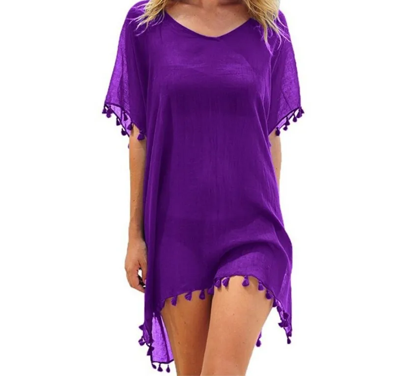 Blusa de praia com borla feminina, blusa fina, xale roxo, roupas de verão, moda primavera e verão 2023