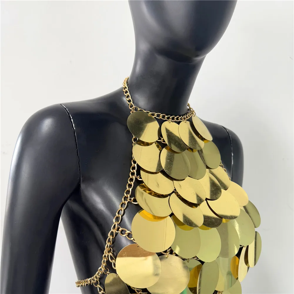 Damen Metall-Pailletten Rückenfreies Top Sexy Ausgeschnittenes Neckholder-Oberteil Handgefertigtes Träger-Top Rave Festival Party Tanktop Crop Top – Detail 8