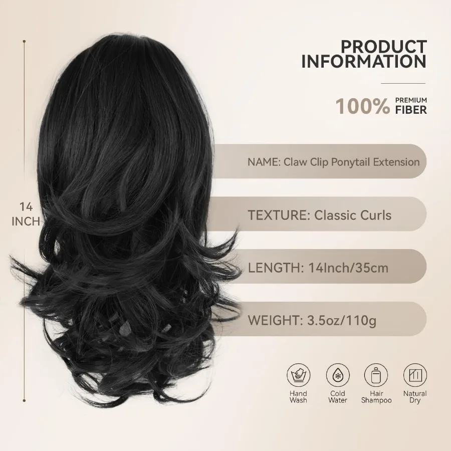 وصلة ذيل حصان سوداء ناعمة مموجة بطول 14 بوصة للنساء مع تصميم بمشبك مخلب، مظهر طبيعي، قطع شعر صناعية قصيرة مثالية لـ D #2