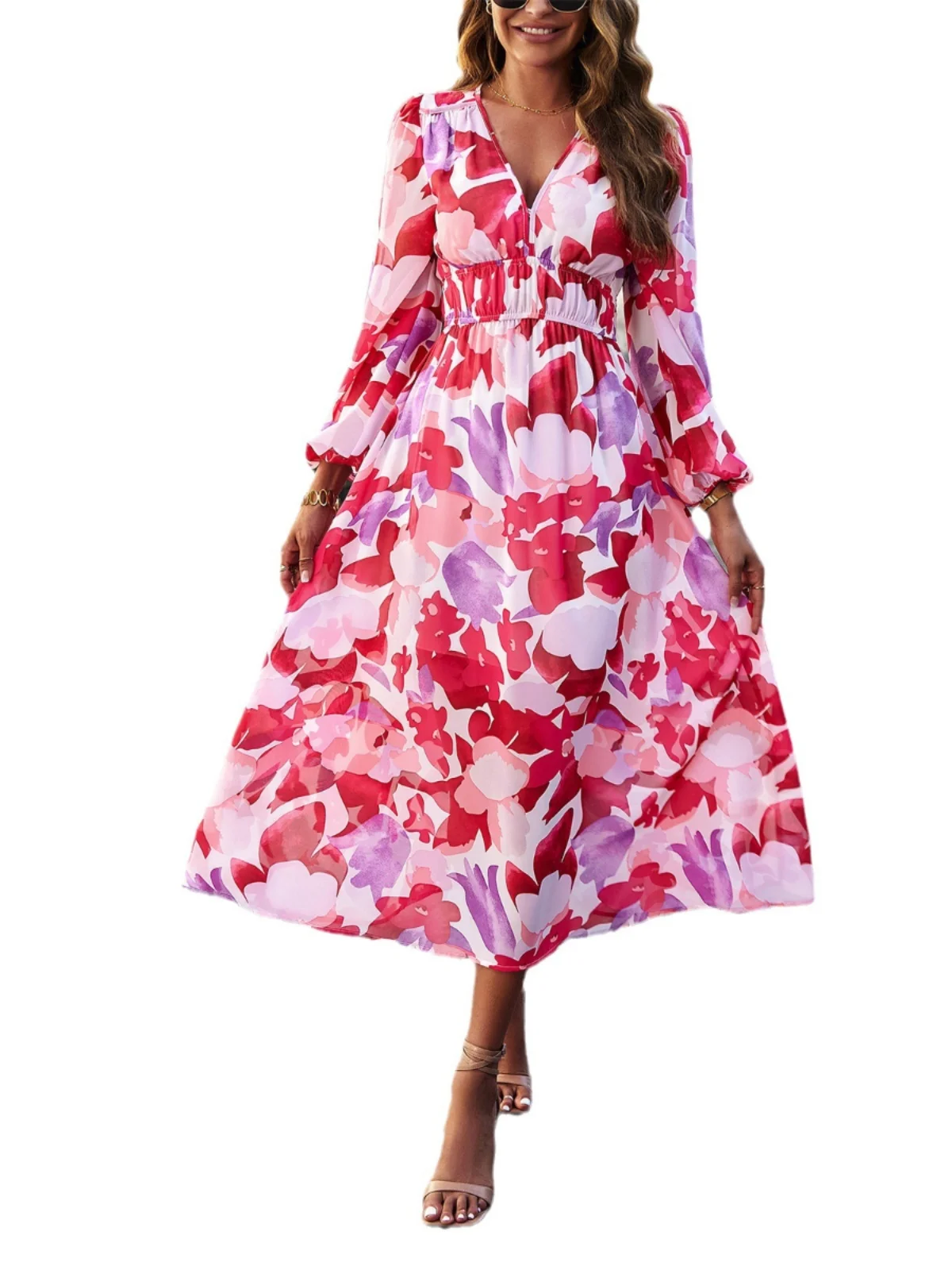 Summer Casual Loose V-ne Print Dr Women's Floral Skirt Sweet High Waist A-line Long Sve Maxi Dr