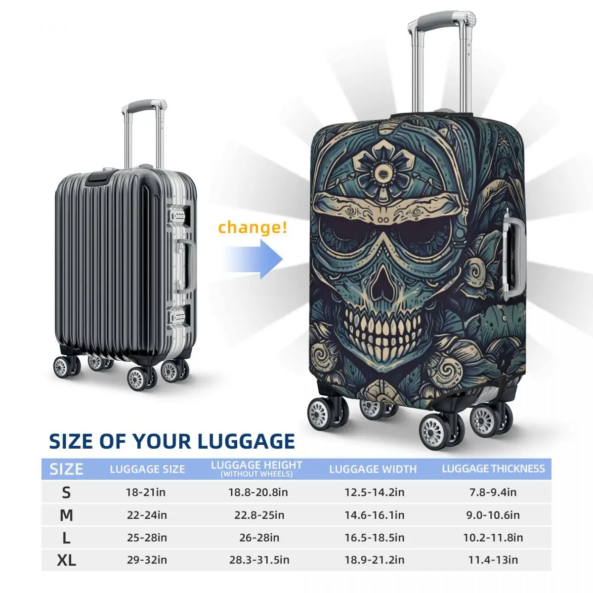 Gothic Print Suitcase Cover Holiday Blue Skull Elastic Luggage Case Travel Protection