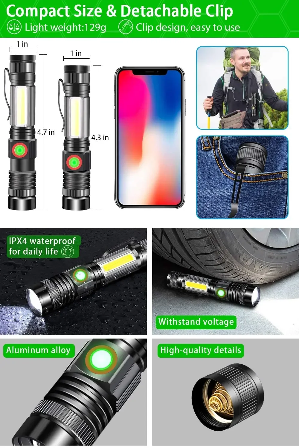 Portable Zoomable Magnetic LED Flashlight Waterproof Torch USB Rechargeable 4 Lighting Modes Flashlights for Camping Hiking