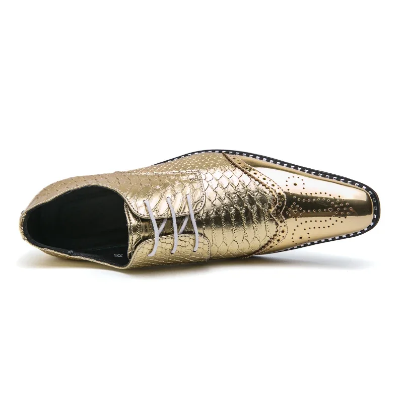 New Gold Brogue Shoes for MenMetallic Wind Square Toe Lace-up  Wedding Shoes for Men Size 38-46  Mens Shoes