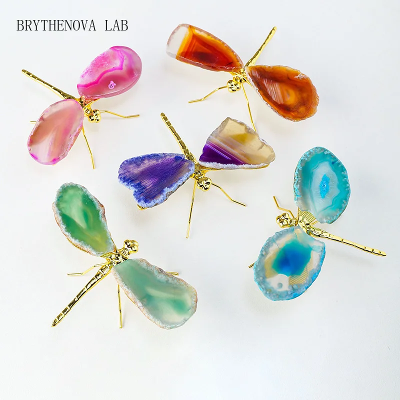 Colorful Natural Agate Slice Dragonfly Healing Small Decoration Desktop Office Decoration Crystal Animal Statue Modern Art Decor