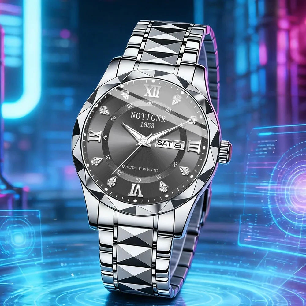 New Stainless Steel Men'S Quartz Watch Date Calendar, Sports Casual Business Resent, black gift box - view 5
