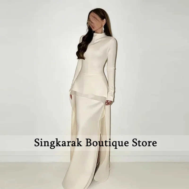 Ivory Elastic Crepe Evening Dresses Long Sleeve High Neck Mermaid Formal Occasion Dress For Women Customized