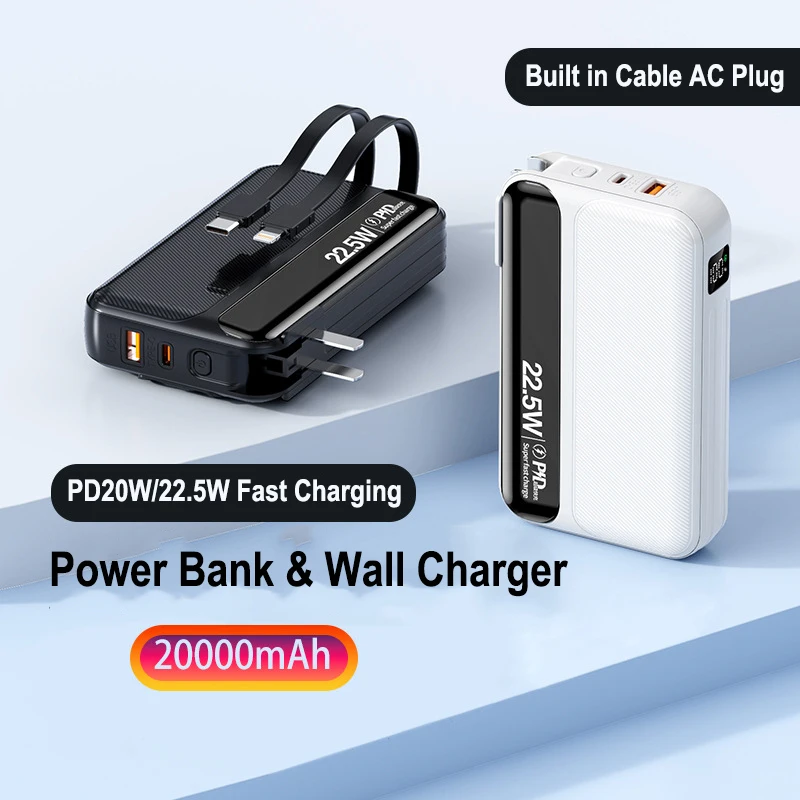 

Power Bank 20000mAh Built in Cable Plug Wall Charger Powerbank External Battery 22.5W Fast Charger for iPhone 17 Xiaomi Samsung