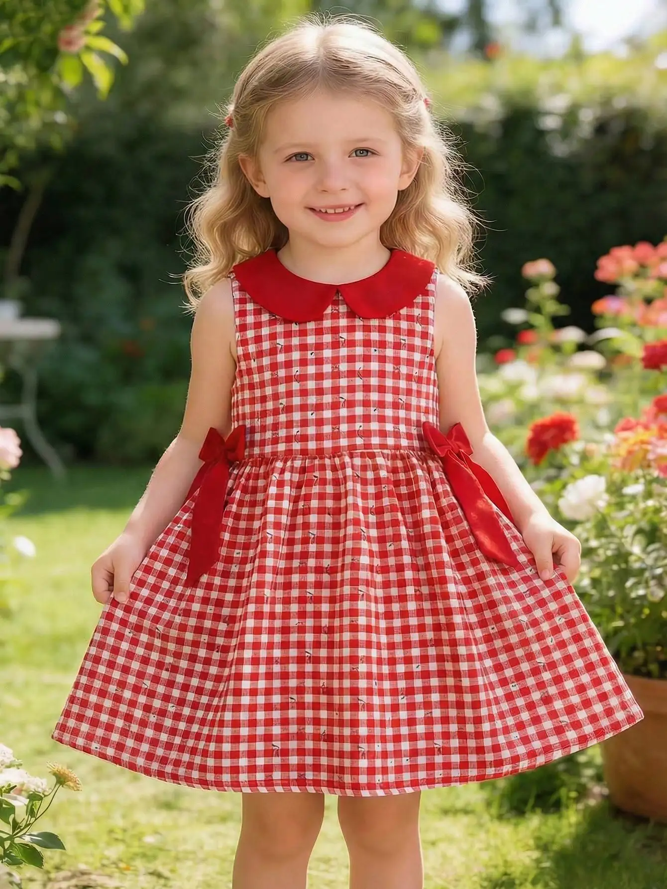 

Красно-белое клетчатое платье без рукавов с воротником-бантом и бантиками на талии