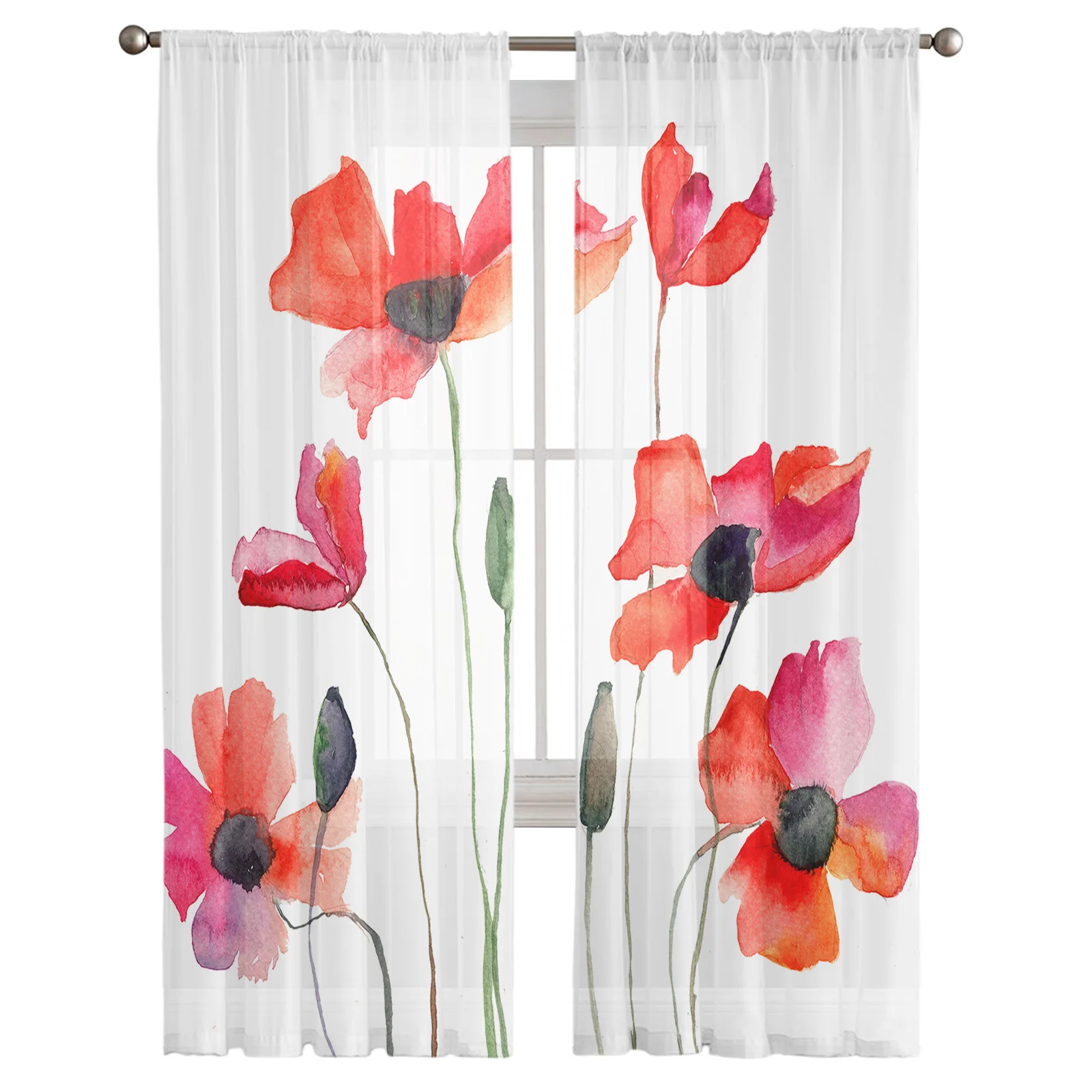 Illustration of Ancient Poppy Flowering In Nature Tulle Curtains for Living Room Chiffon Voile Sheer Window Curtain for Bedroom