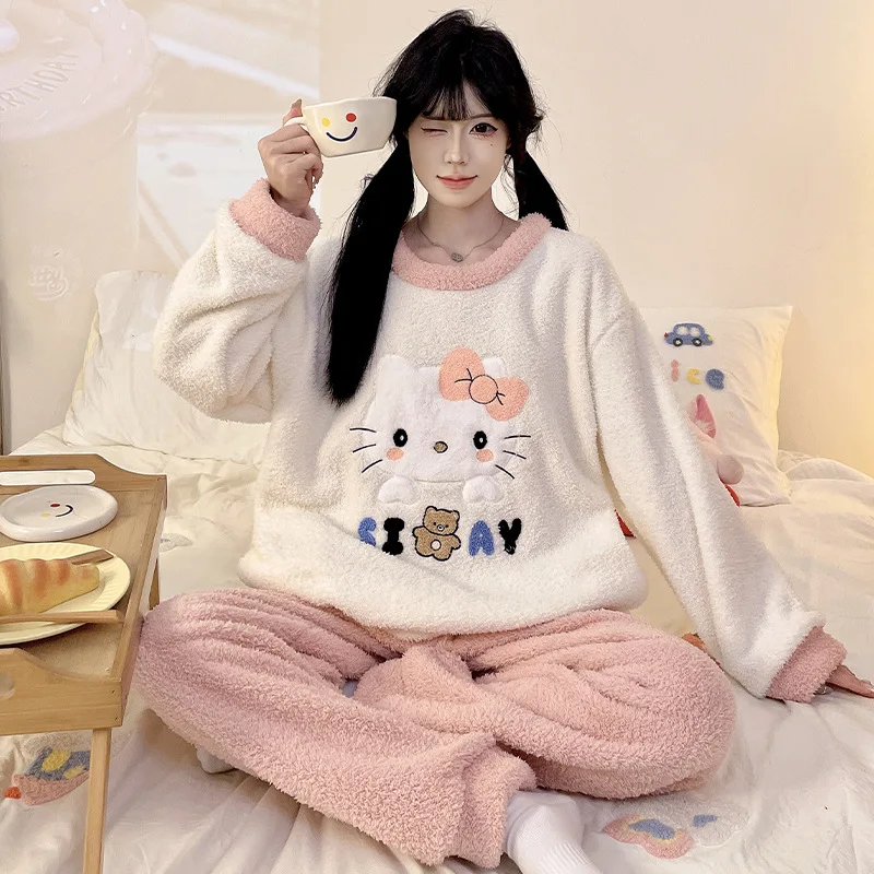 

Аниме Hello Kitty Kawaii женский зимний фланелевой пижамный комплект Kt с круглым вырезом, осенняя утолщенная плюшевая ночная рубашка, комплект домашней одежды для девочек