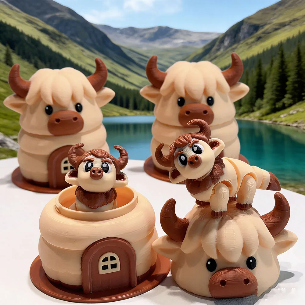 3d Printed Adorable And Cute Highland Cow + Highland Cow Shed Model Plastic Desk Decoration Sculpture Ornament Holiday Gift