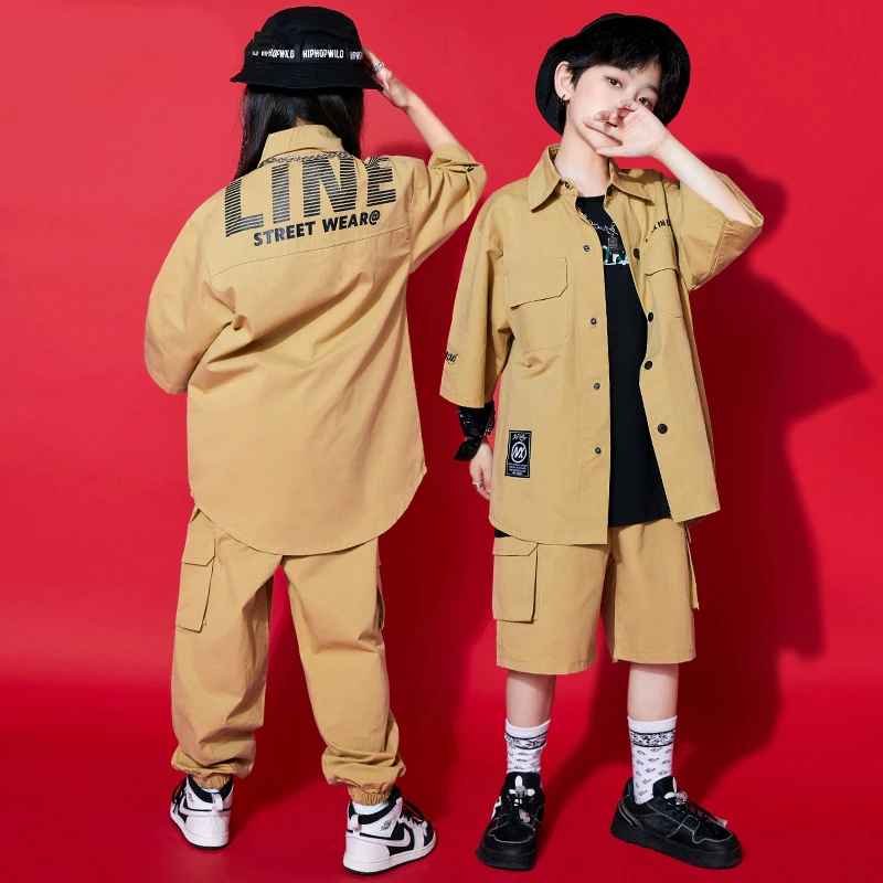 Kids Hip Hop Street Dance Costume Girls Jazz Dance Clothes Khaki Tops Pants Short Sleeved Suit Concert Performance Outfit BL8611