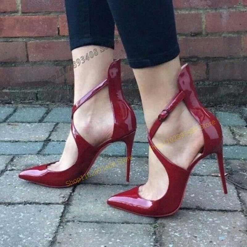 Schwarz sexy gekreuzte hohle Pumps solide spitze Zehen Lack leder zurück Reiß verschluss Frauen Schuhe Mode Zapatos Para Mujere