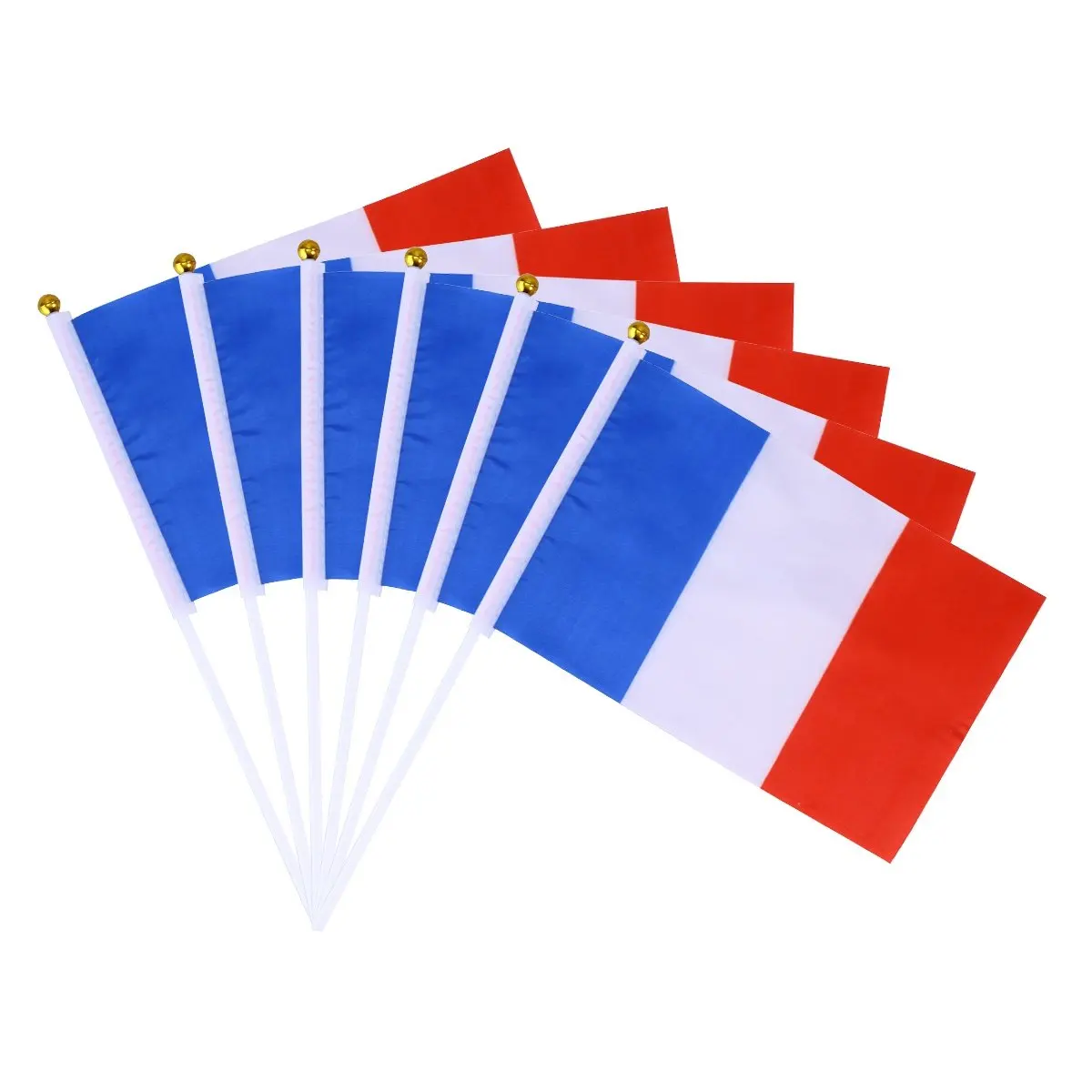 10Pcs Mini French Hand Waving Flags Polyester Small Country Fan Flags with Gold Ball Top Stick for International Sports