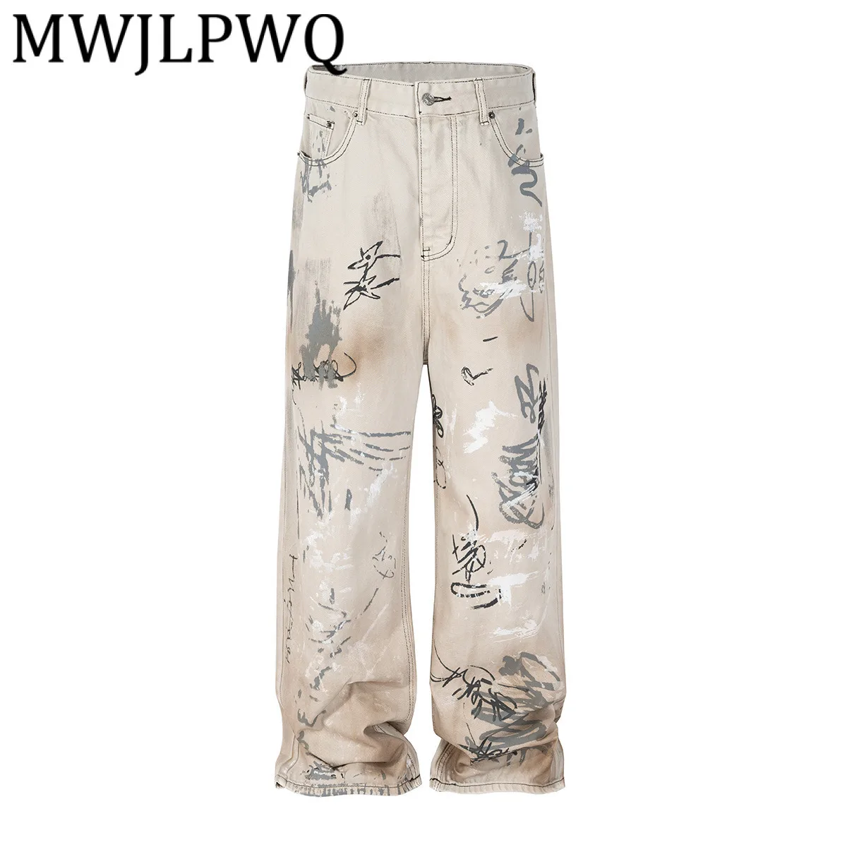 

MWJLPWQ High Street, джинсы в американском стиле с граффити, ручная роспись, винтажные модные новые свободные повседневные осенние широкие брюки 21320