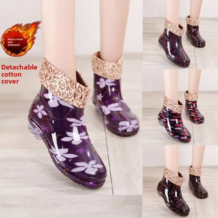 أحذية مطر قصيرة مبطنة بالصوف الدافئ للنساء البالغات، أحذية مقاومة للماء وغير زلقة بتصميم حلوى للمطبخ للاستخدام في جميع المواسم