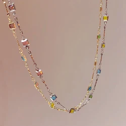 1pcs Korean Style Square Crystal Zircon Pendant Necklaces Y2K Colorful CZ Ladies Girls Fashion Elegant Clavicle Chain Wom