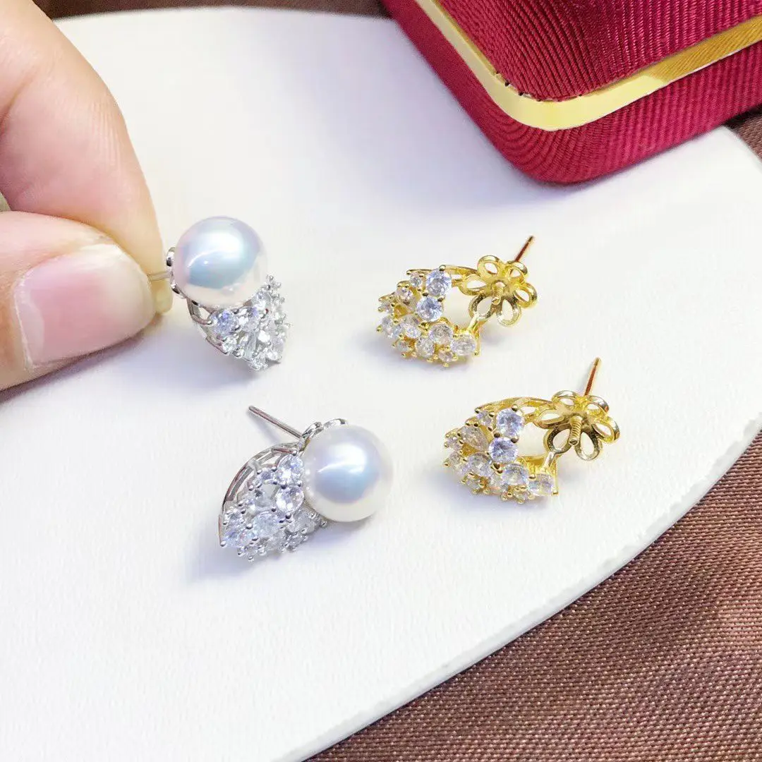 Wholesale S925 Sterling Silver Earrings Mount Findings Settings Base Mounting Parts Accessory for 8-9mm Pearls 5 pairs/lot