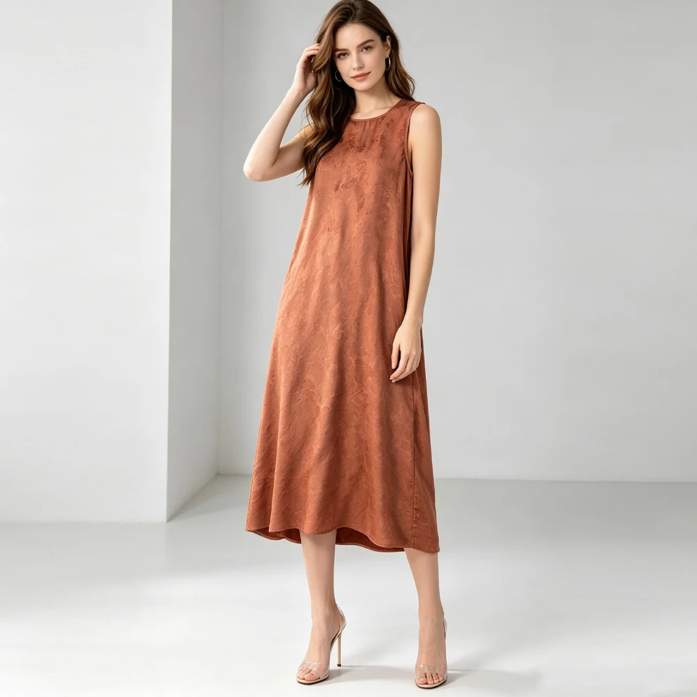 Deep Orange Tie Dye Vacation Style 100% Natural Mulberry Silk Jacquard Gambiered Guangdong Gauze Round Neck Straight Tube Dress
