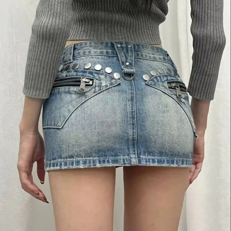 Japanese American Retro Plus Size Nail Jeans Denim Skirt Low Rise Cargo Skirt Mini Sexy Hot Aesthetics American Style Cyber Punk