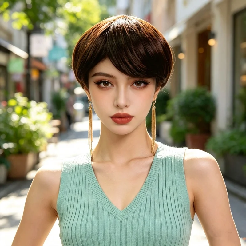 Fashionable Oblique Bangs Short Hair Women'S Wig Personalized Trendy Outdoor Party Simulation Head-Wearing Synthetic Wig