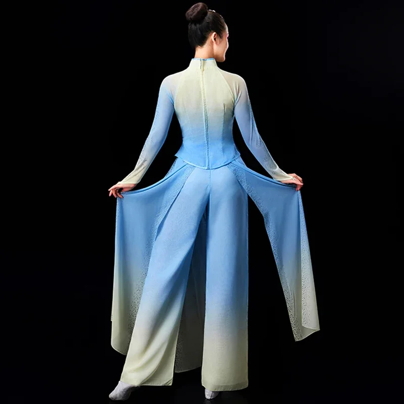 전통 중국 의류 여성 고대 Yangko 민속 무용 팬 블루 의상 의상 여성 yangge 춤 댄스 옷 드레스
