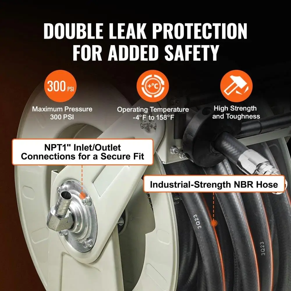 追加1インチ50フィートディーゼルホースリールヘビーデューティーカーボンスチール自動ノズルNBRゴム300 PSI