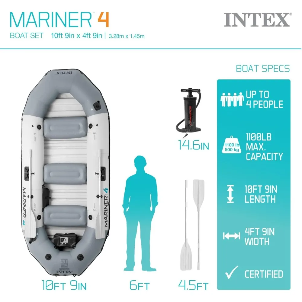 68376EP Mariner 4 Inflatable Boat Set: Includes Deluxe 54in Boat Oars and High-Output Pump  Wear-Resistant Keel