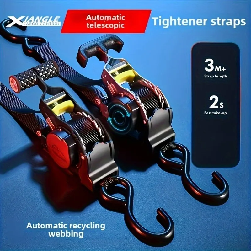 

Automatic retractable tensioner. Automatic ratchet cargo strap